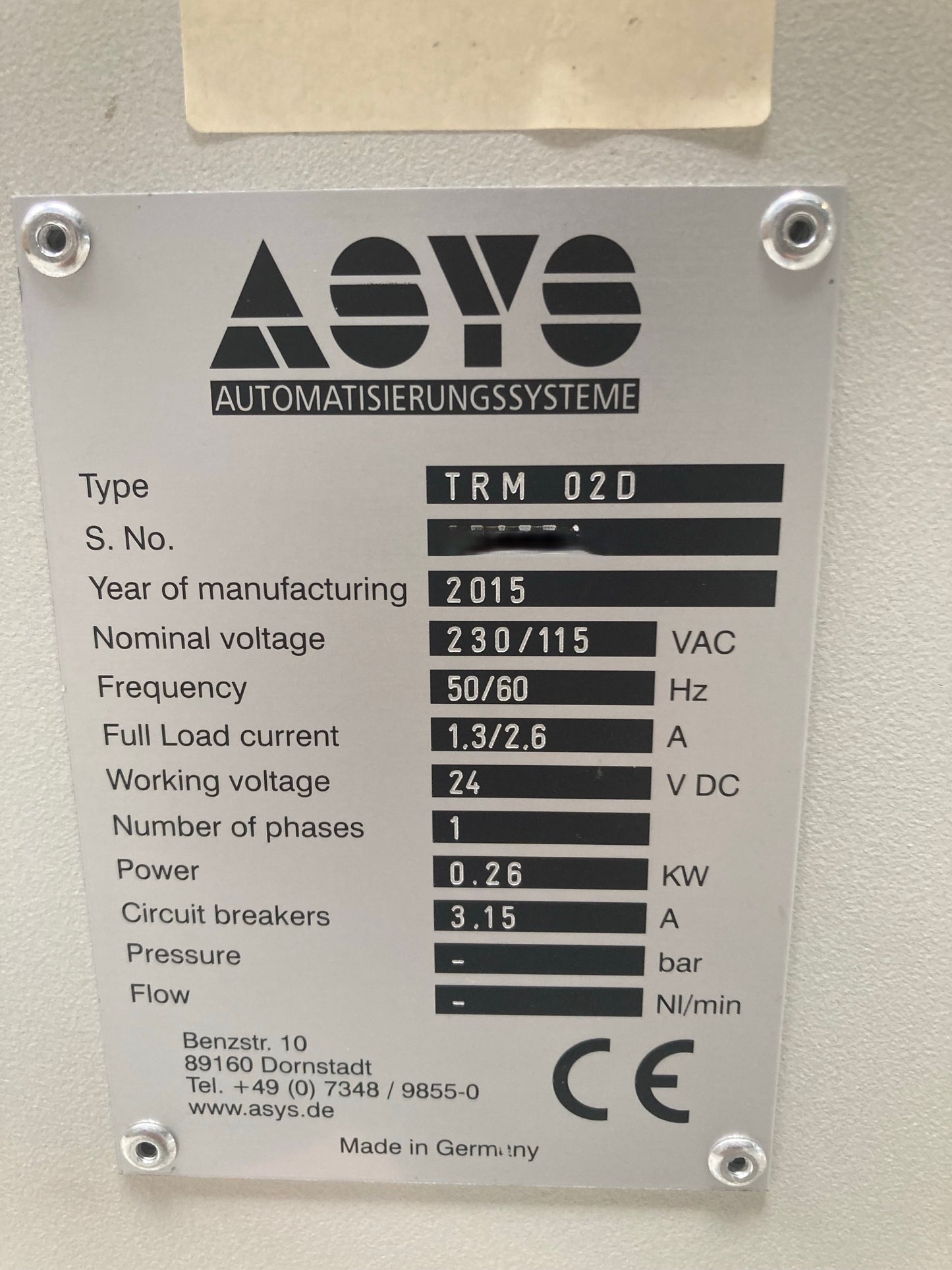 ASYS TRM03D, replacement conveyor, vintage 2015