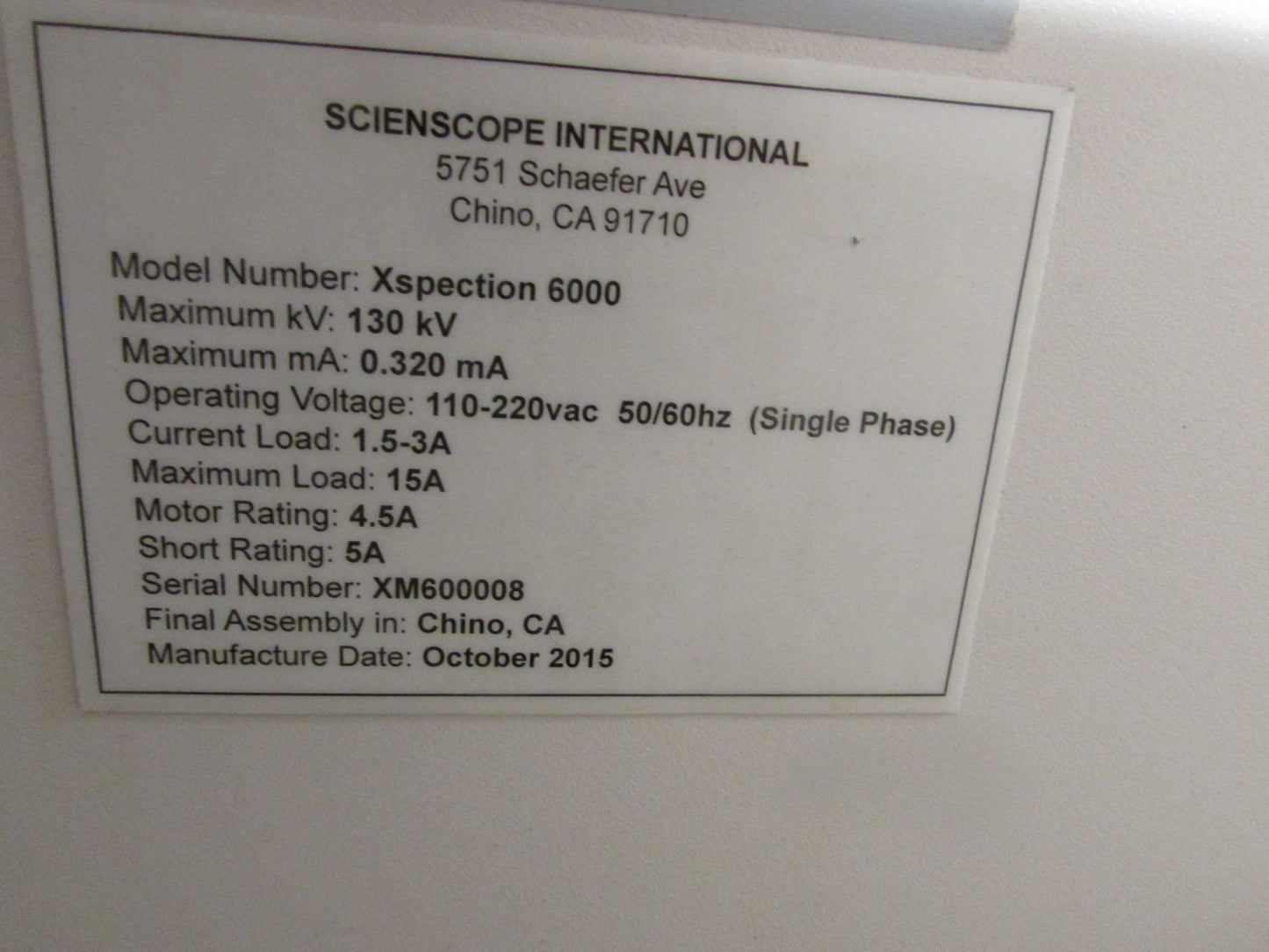 Scienscope Xspection 6000, vintage 2015, X ray system