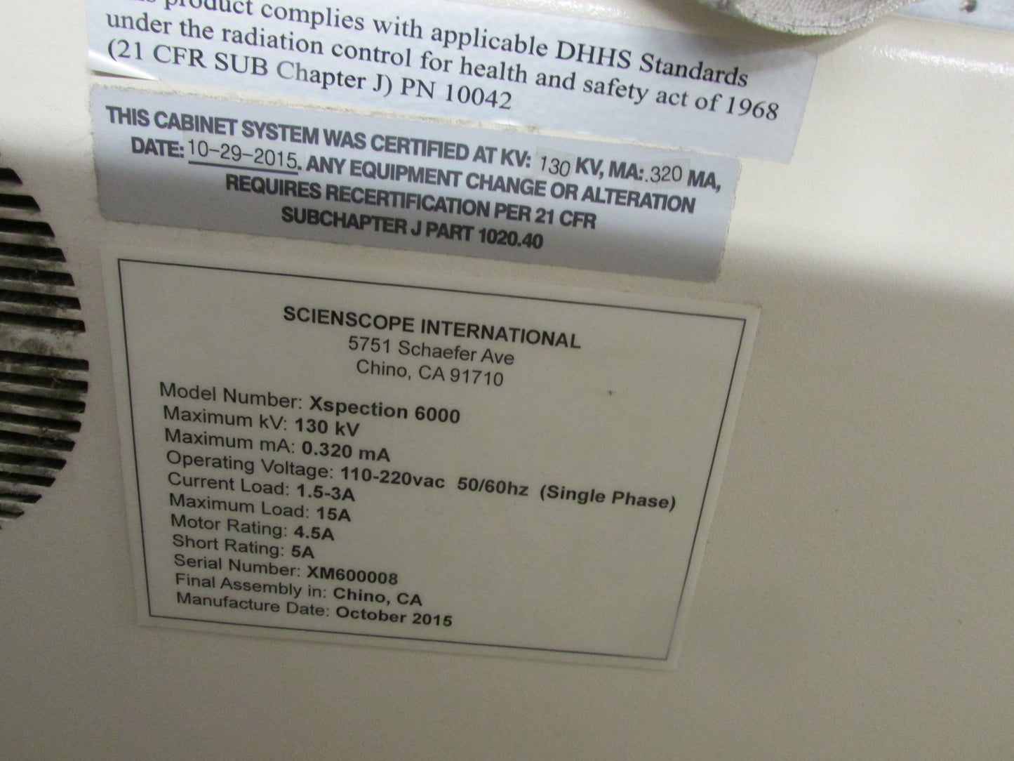 Scienscope Xspection 6000, vintage 2015, X ray system